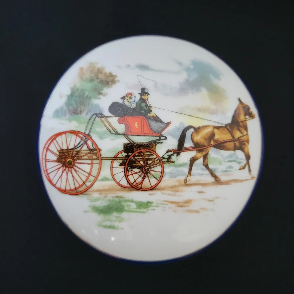 Vintage Imperial Porcelain  Trinket / Jewelry Box w/ Horse & Carriage